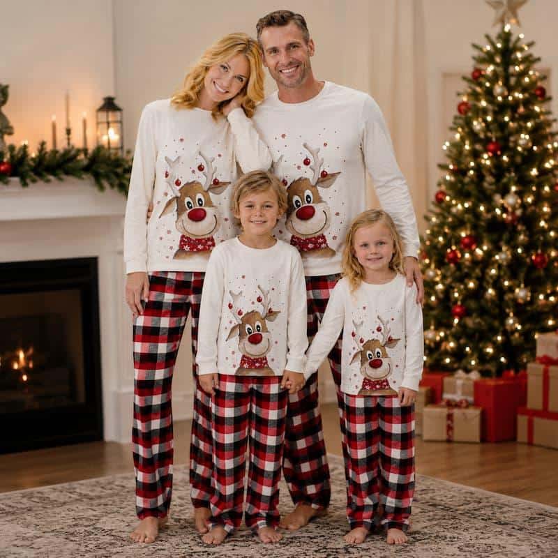 Family in matching Christmas pajamas standing in living room with decorated tree and fireplace