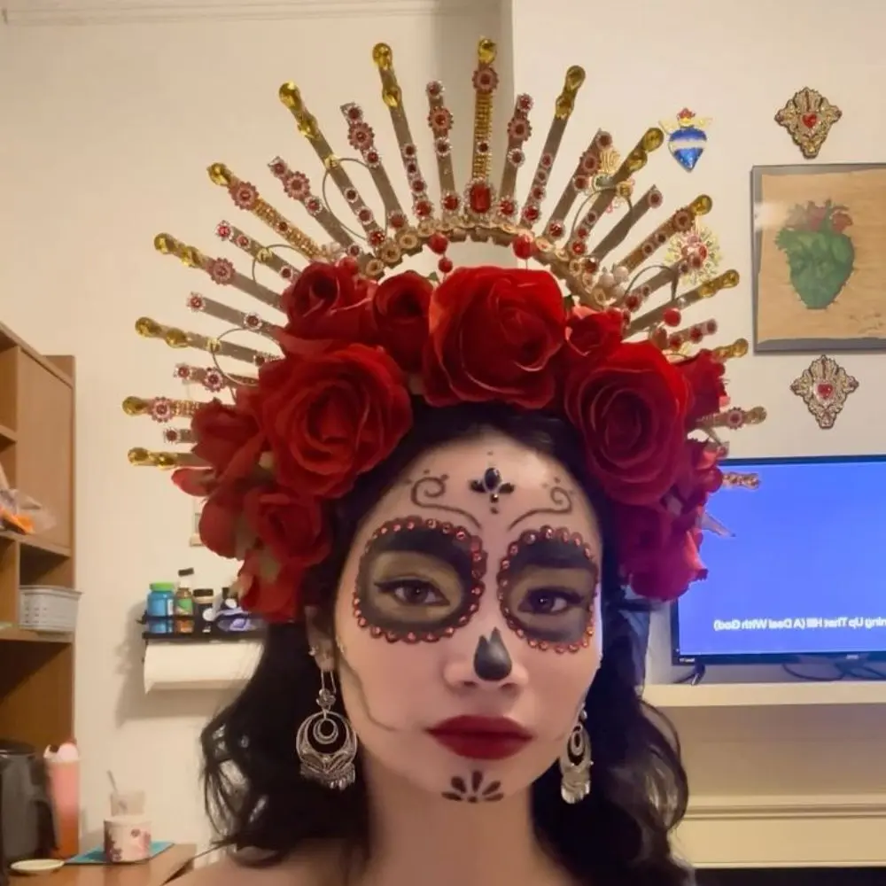Floral skull makeup with a pale pastel base, rounded eye and nose shapes, thin linework, and gentle painted flowers