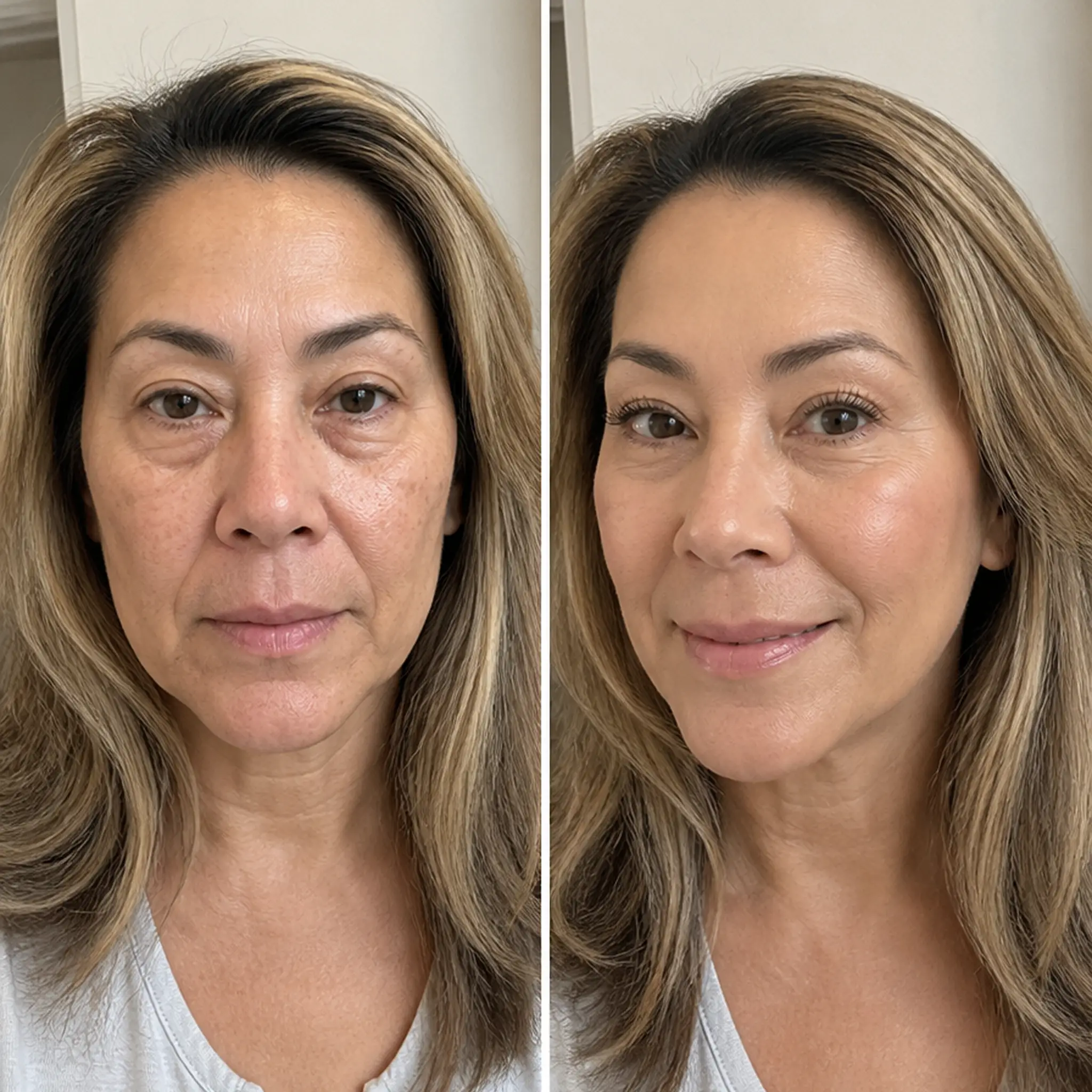 Side-by-side comparison of woman before and after skincare treatment indoors