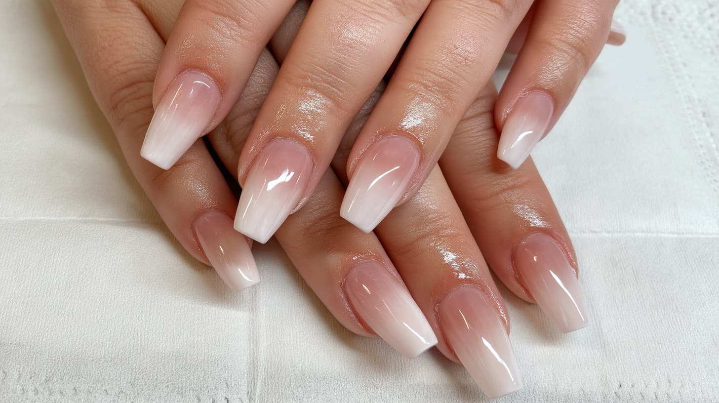 Close-up of hands displaying long coffin-shaped french ombré manicured nails resting on a white surface.