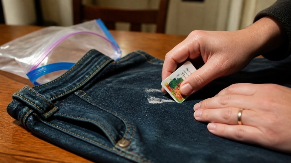 Denim clothing with dried glue stain being treated through freezing method and gentle scraping at home