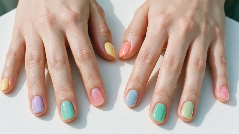 hands showing a collection of spring nail colors including pastel yellow lavender mint green blue and pink shades