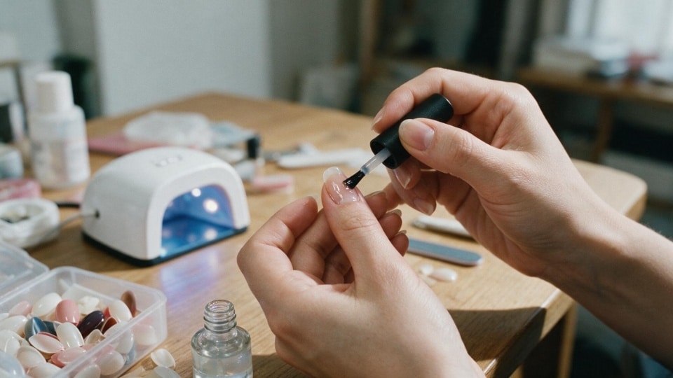 Clear gel polish and UV nail lamp shown as an alternative method for securing fake nails