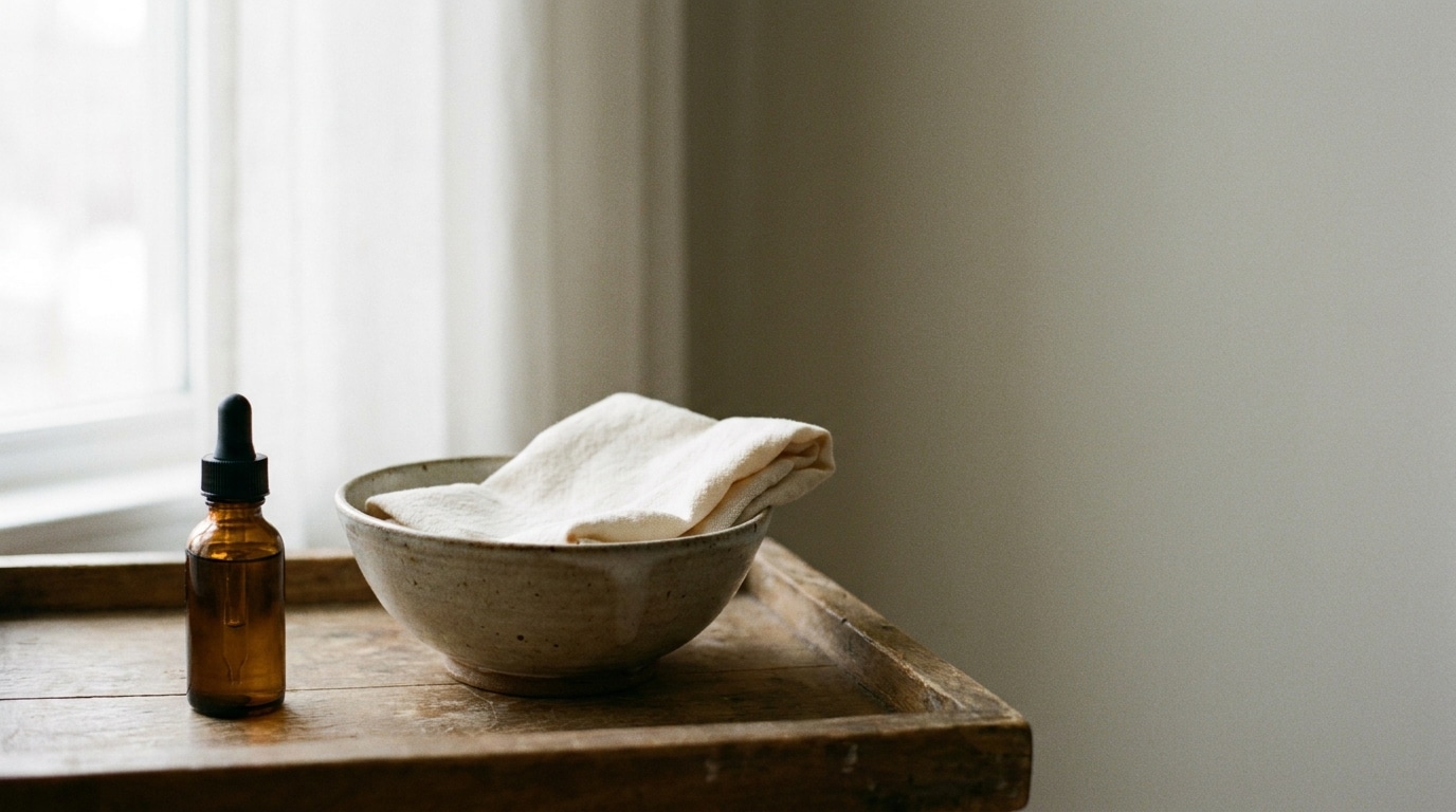 Bottle with dropper and bowl with cloth on wooden tray by window in natural light
