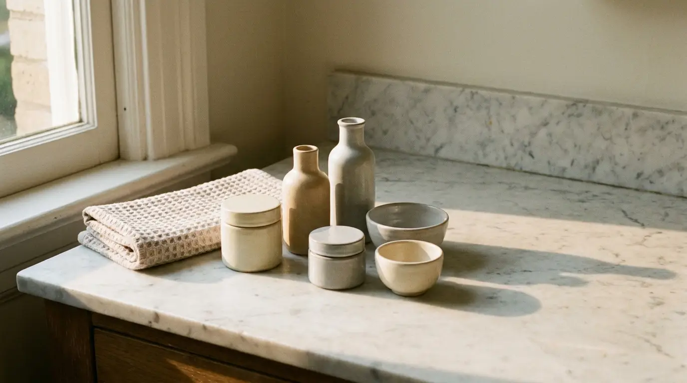 Ceramic jars and bowls with folded towel on marble countertop in soft natural light