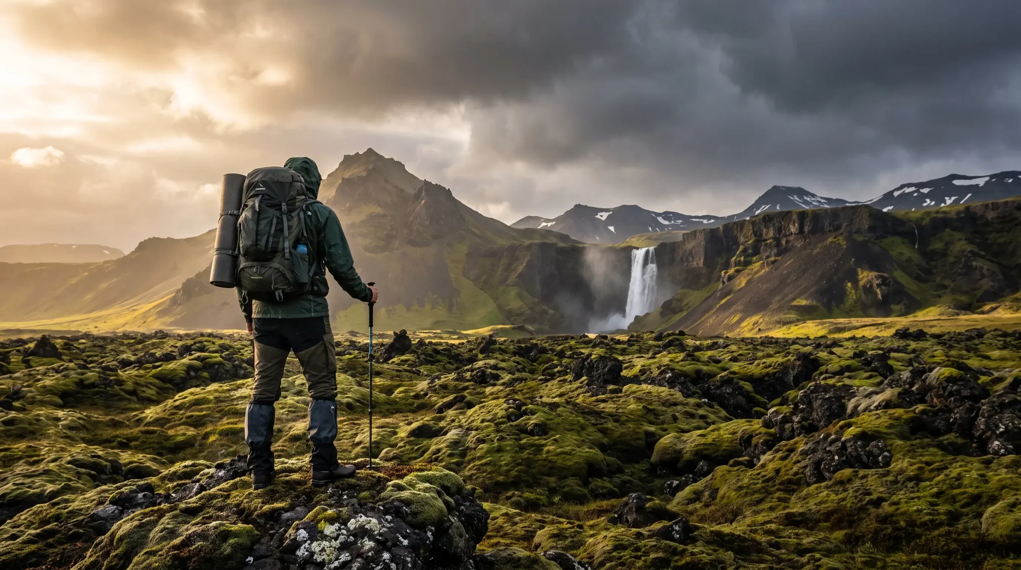 Hiker with backpack standing on mossy landscape looking at distant waterfall and mountains