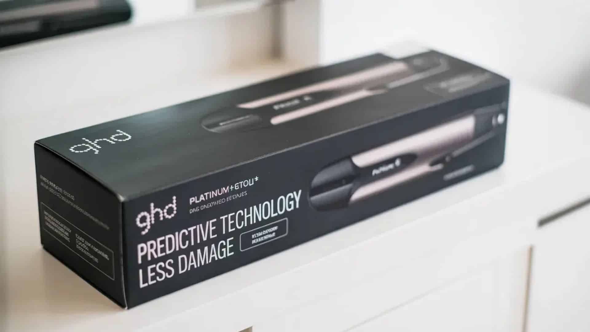 GHD Platinum Styler box featuring predictive technology packaging on a white surface