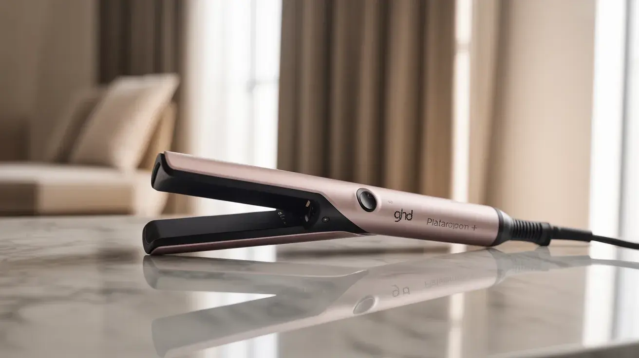 GHD Platinum+ Styler placed on a reflective surface showcasing its sleek hair straightener design