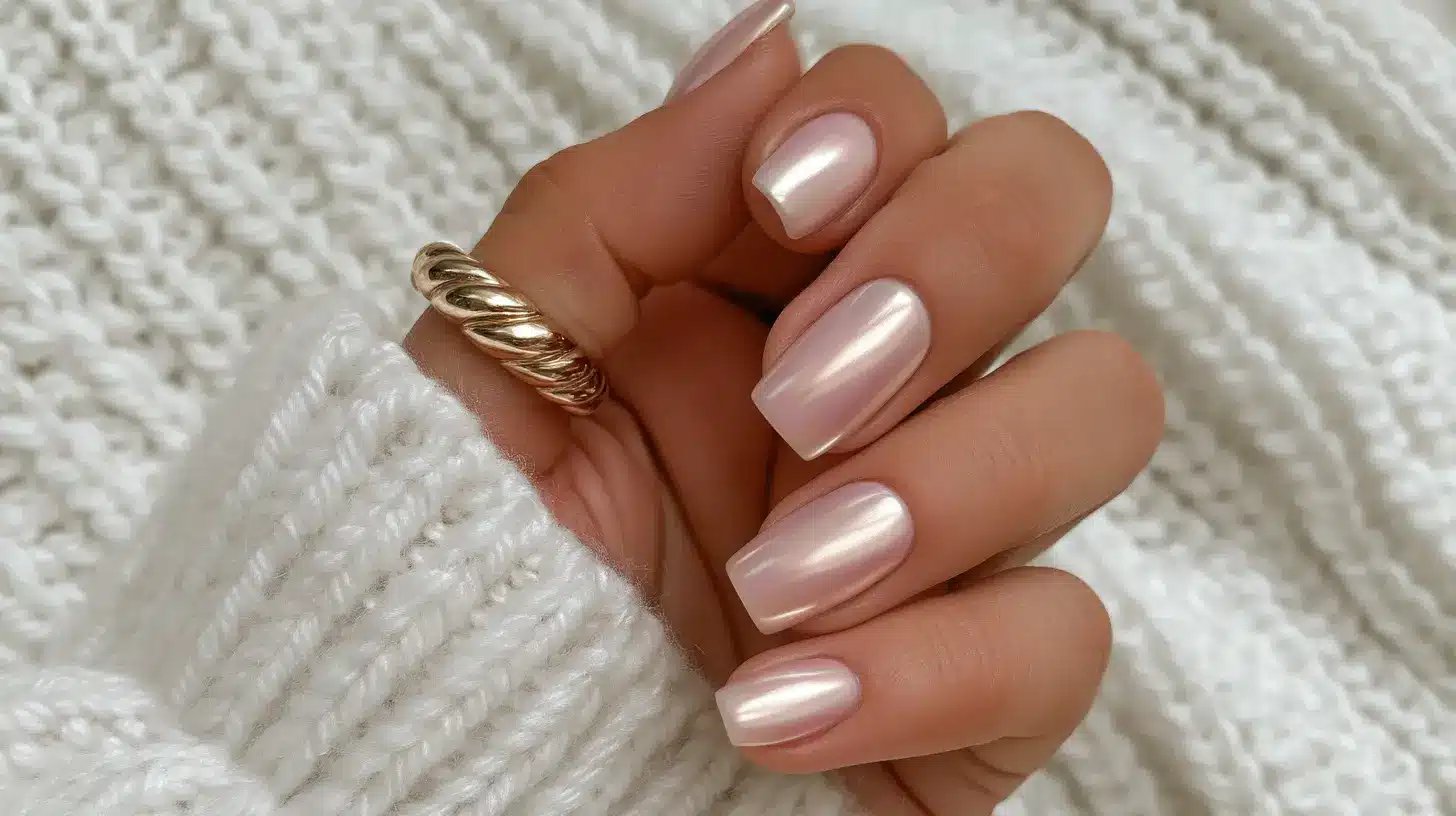 Close-up of a hand with pearlescent light pink square nails, wearing a gold ribbed ring over a white sweater.
