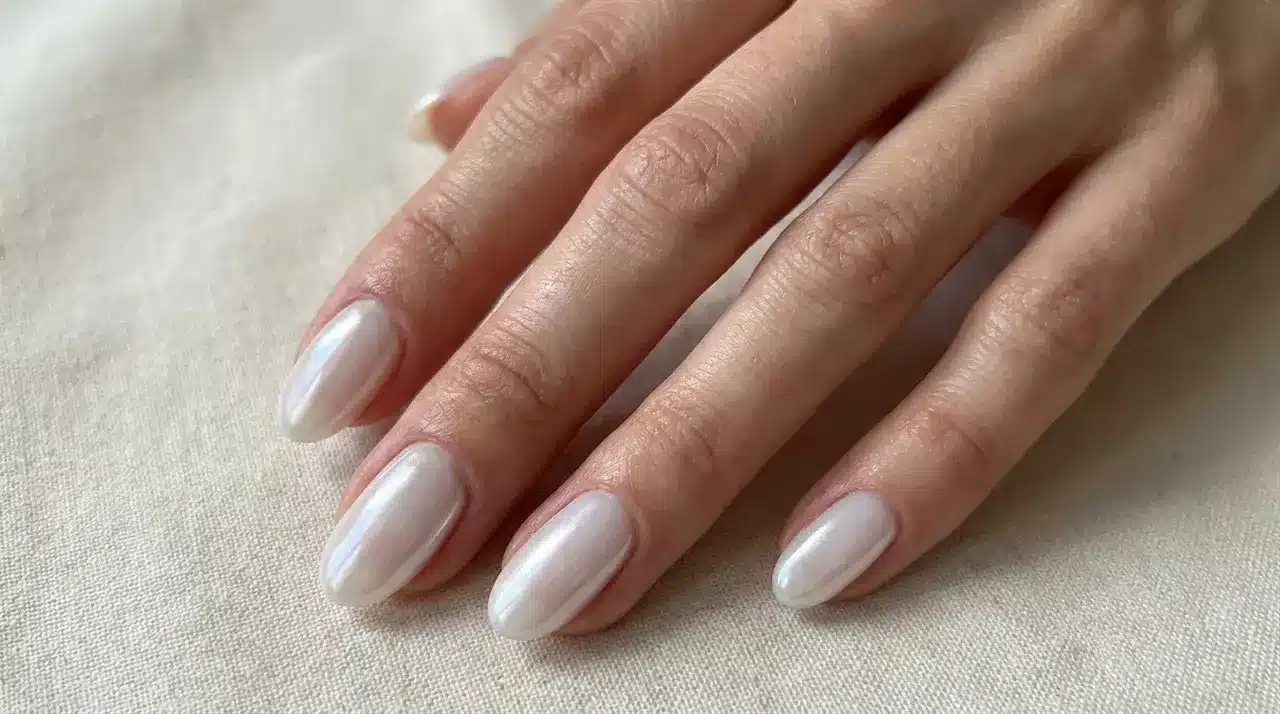 Close-up of short square milky white nails with a glazed chrome finish resting on a soft neutral fabric surface