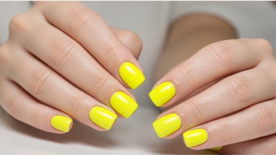 Short square neon yellow nails with a smooth glossy finish and clean modern manicure style