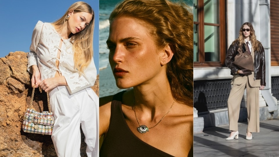 Greek fashion collage featuring women wearing designer jewelry, handbags, and footwear