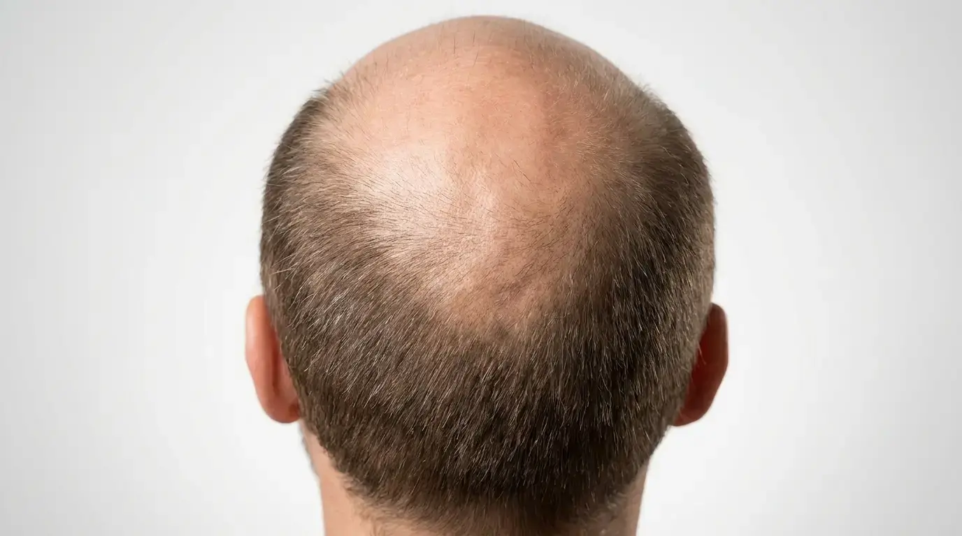 Overhead view of the back of a head showing an almost fully bald scalp with only a thin band of hair remaining along the sides and back