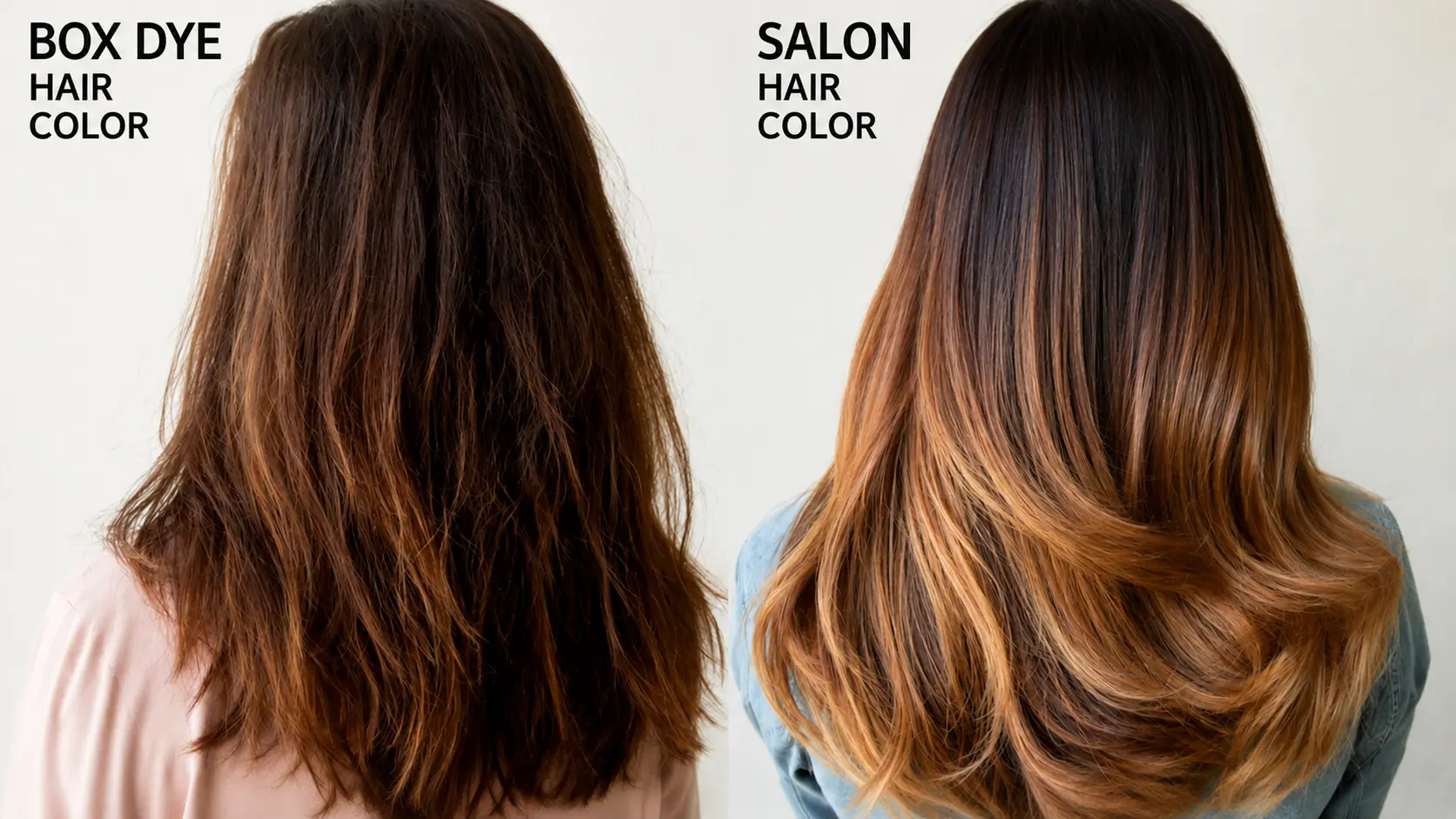 Side by side comparison of dry box dyed brown hair and smoother salon colored hair with warm blended tones