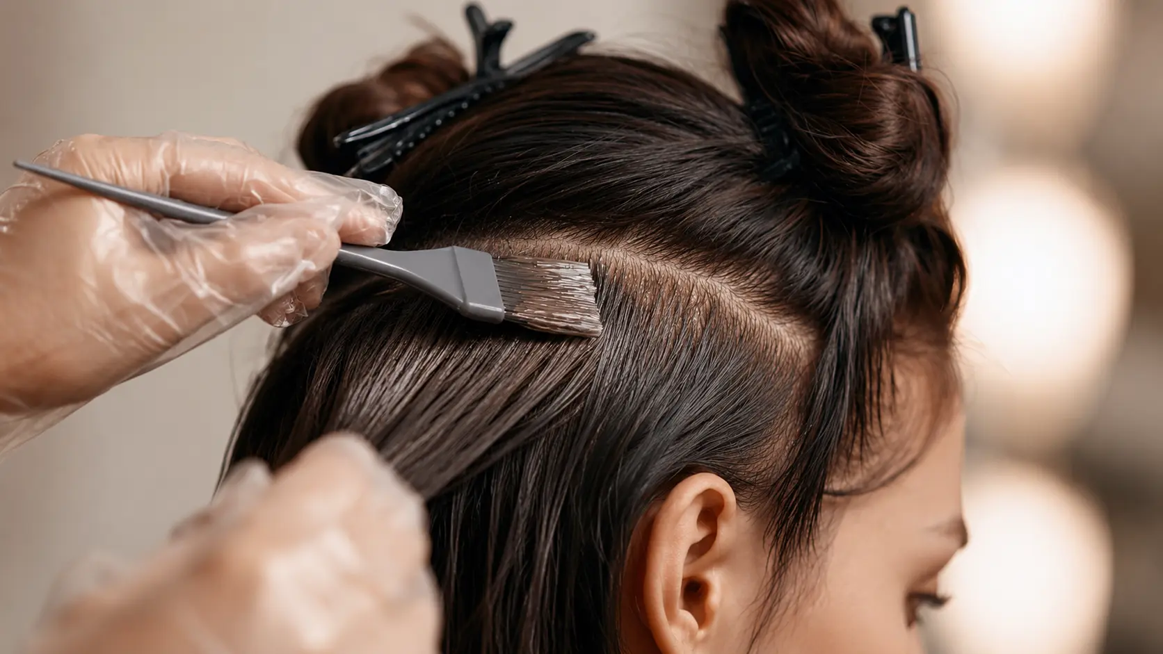 Stylist applies creamy hair dye to sectioned brown hair with a tint brush while the client sits in a salon chair