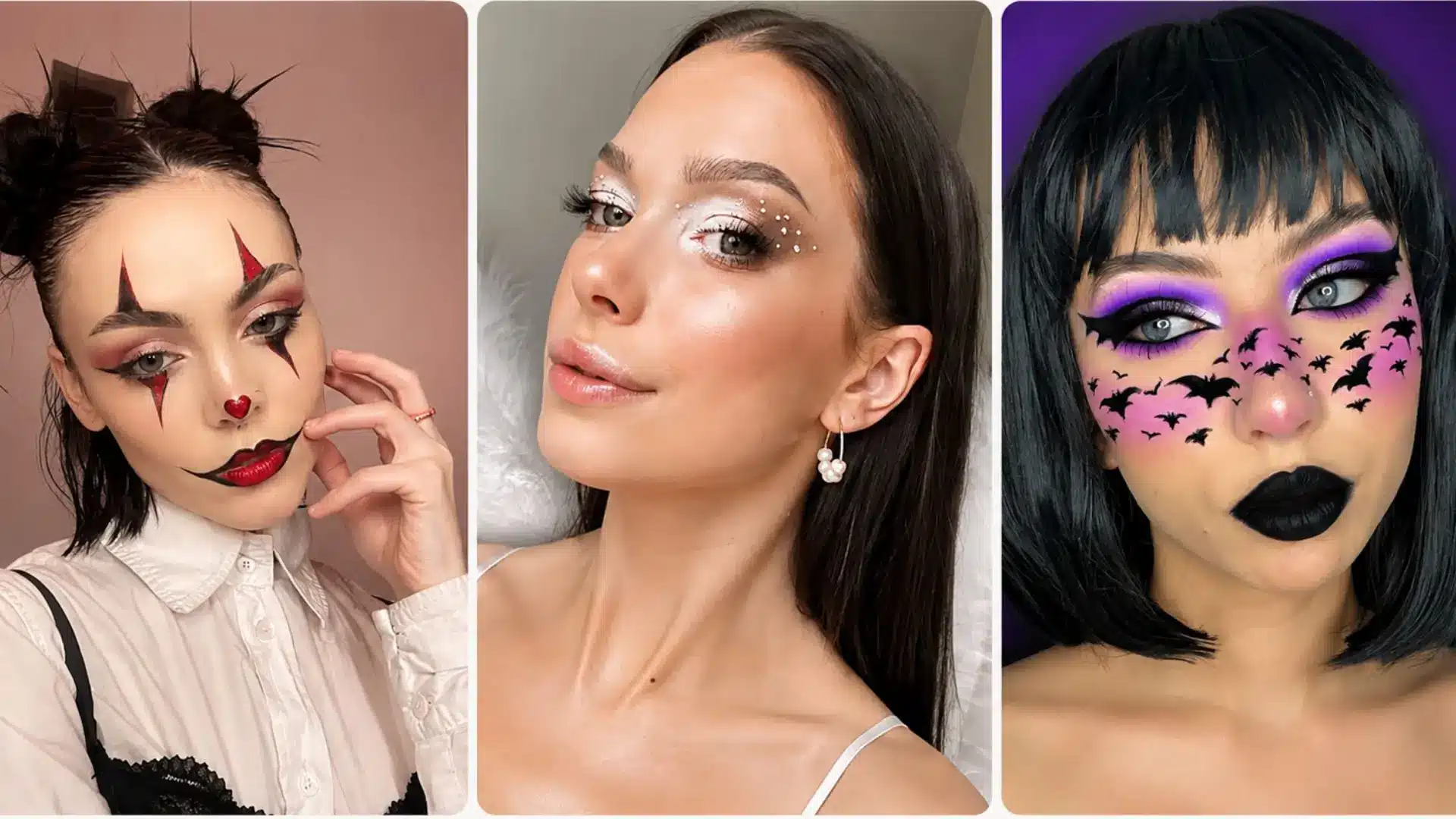 Three portrait collage featuring clown makeup, pearl eye accents and purple bat themed Halloween makeup inspiration.