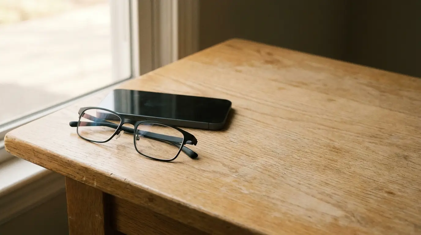 Eyeglasses and smartphone resting on wooden desk near window in natural light