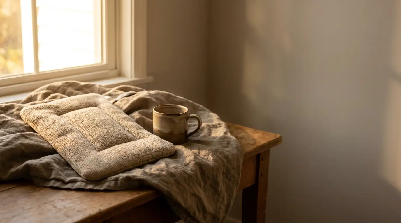 Cozy linen and ceramic mug on wooden table in soft morning light