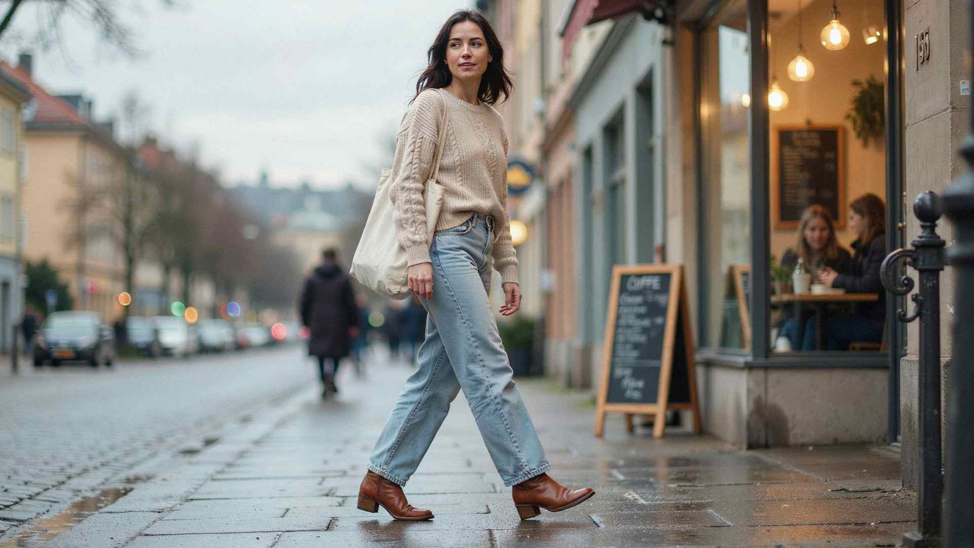 Young woman in light wash wide leg jeans with a cozy sweater and ankle boots