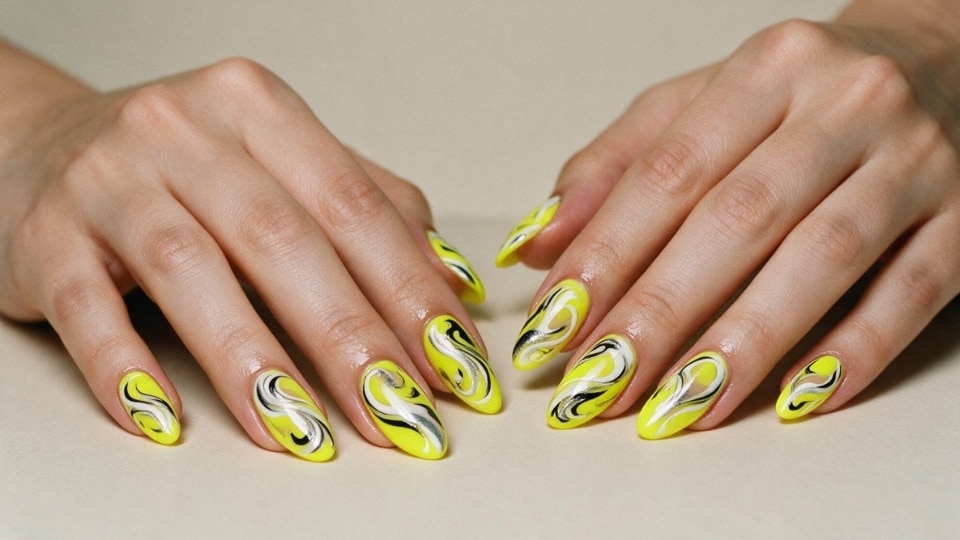 Neon yellow swirl nails with black and white abstract lines and artistic manicure details