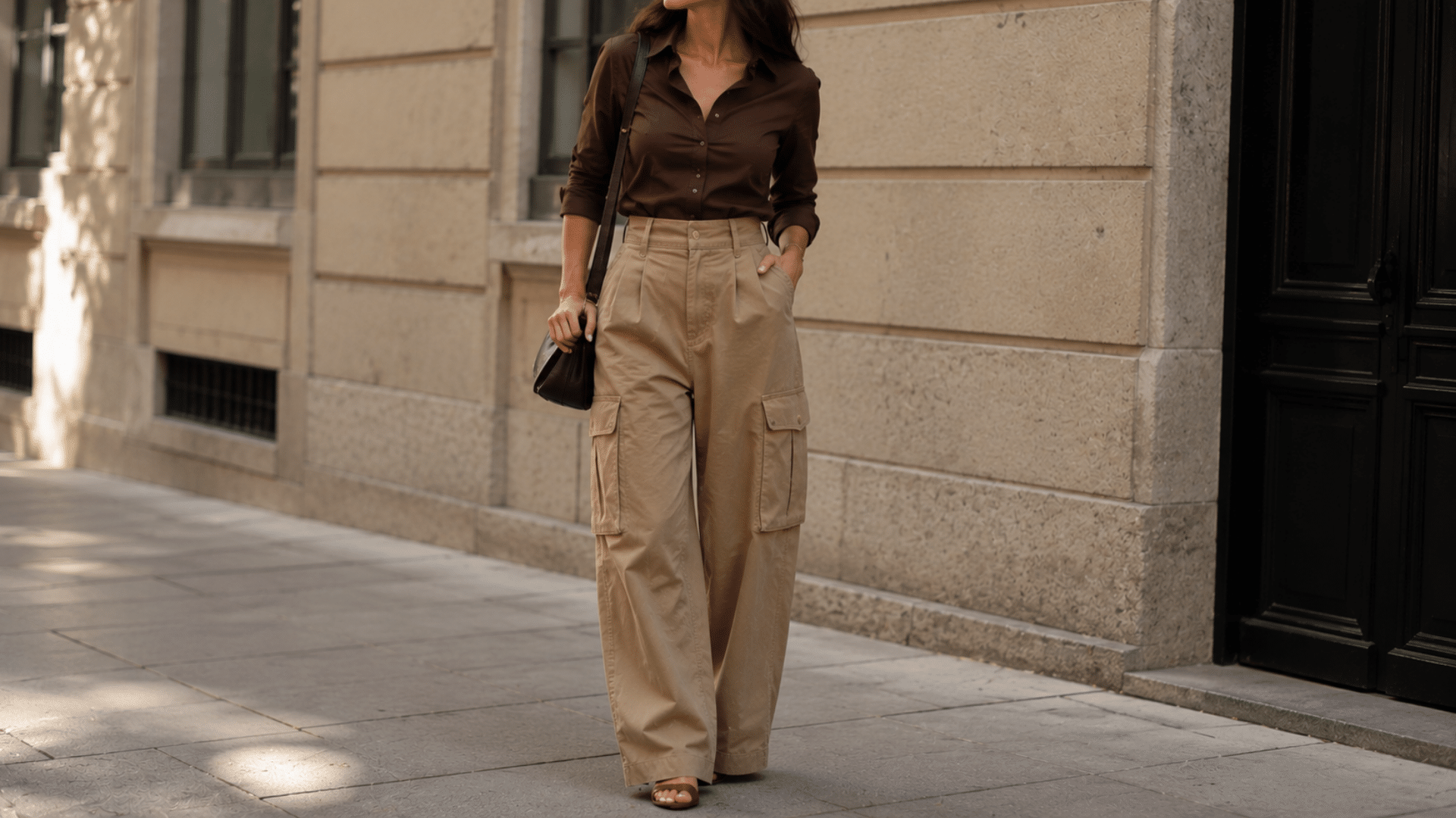 High waisted cargos with a tucked shirt and loafers for a balanced outfit that defines the waist and keeps the shape clean