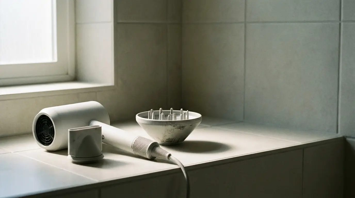 Modern white hairdryer with diffuser attachment on tiled bathroom shelf