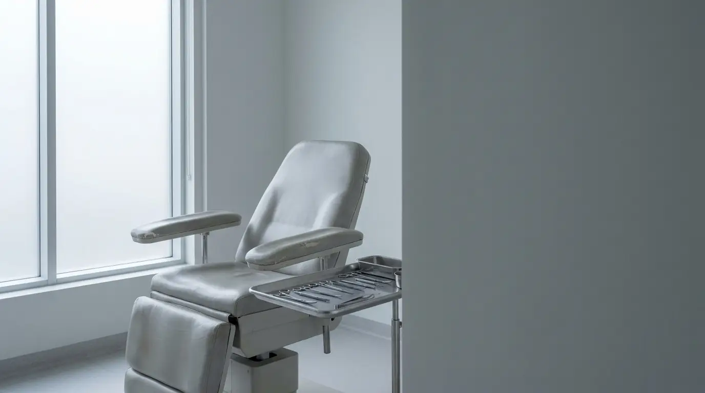 Medical examination chair and tray with instruments in a bright, sterile room