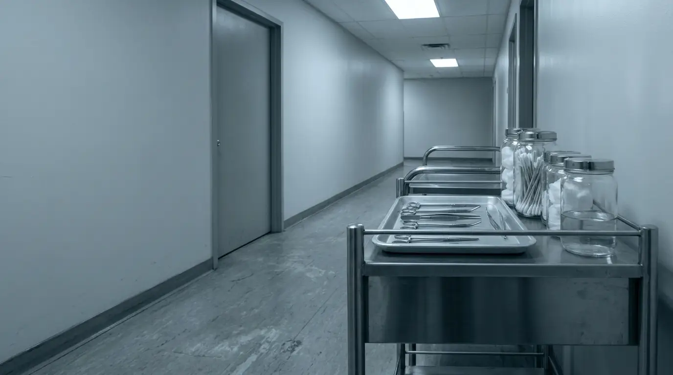 Stainless steel medical trolley with instruments and jars in a clinical hallway
