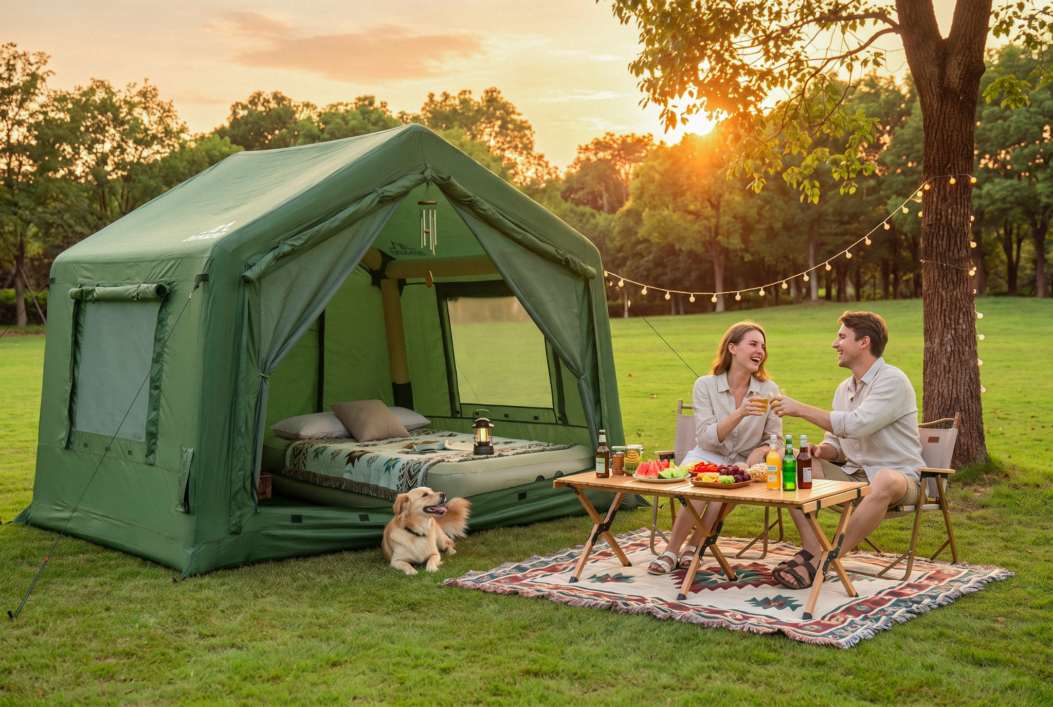 Couple enjoying drinks at picnic table beside green tent and dog in sunny park setting