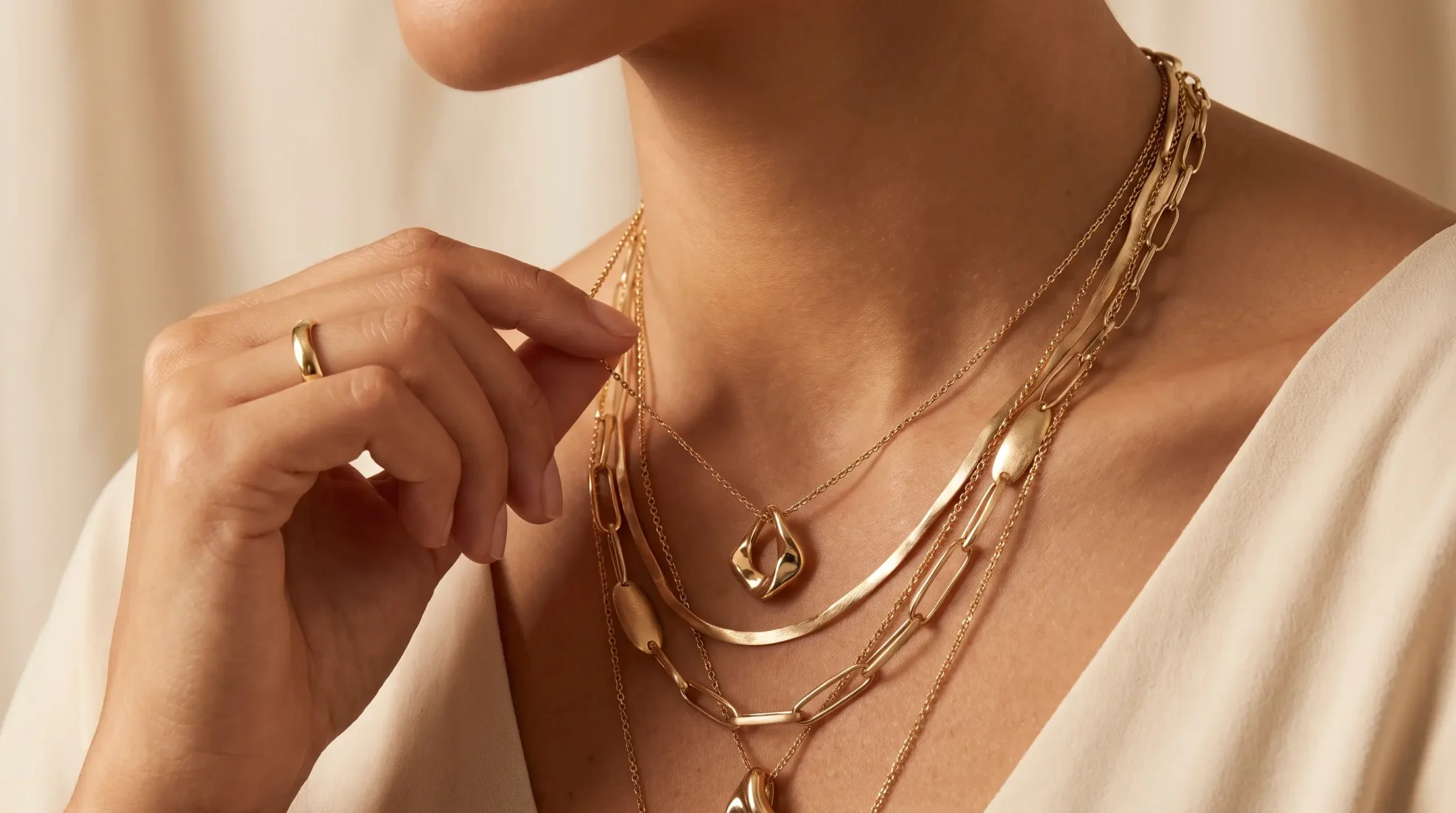 Layered gold necklaces and ring on hand in a warm-toned setting