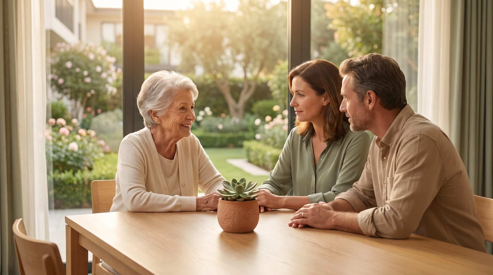Three people sitting at a wooden table having a conversation in a sunlit room with garden view