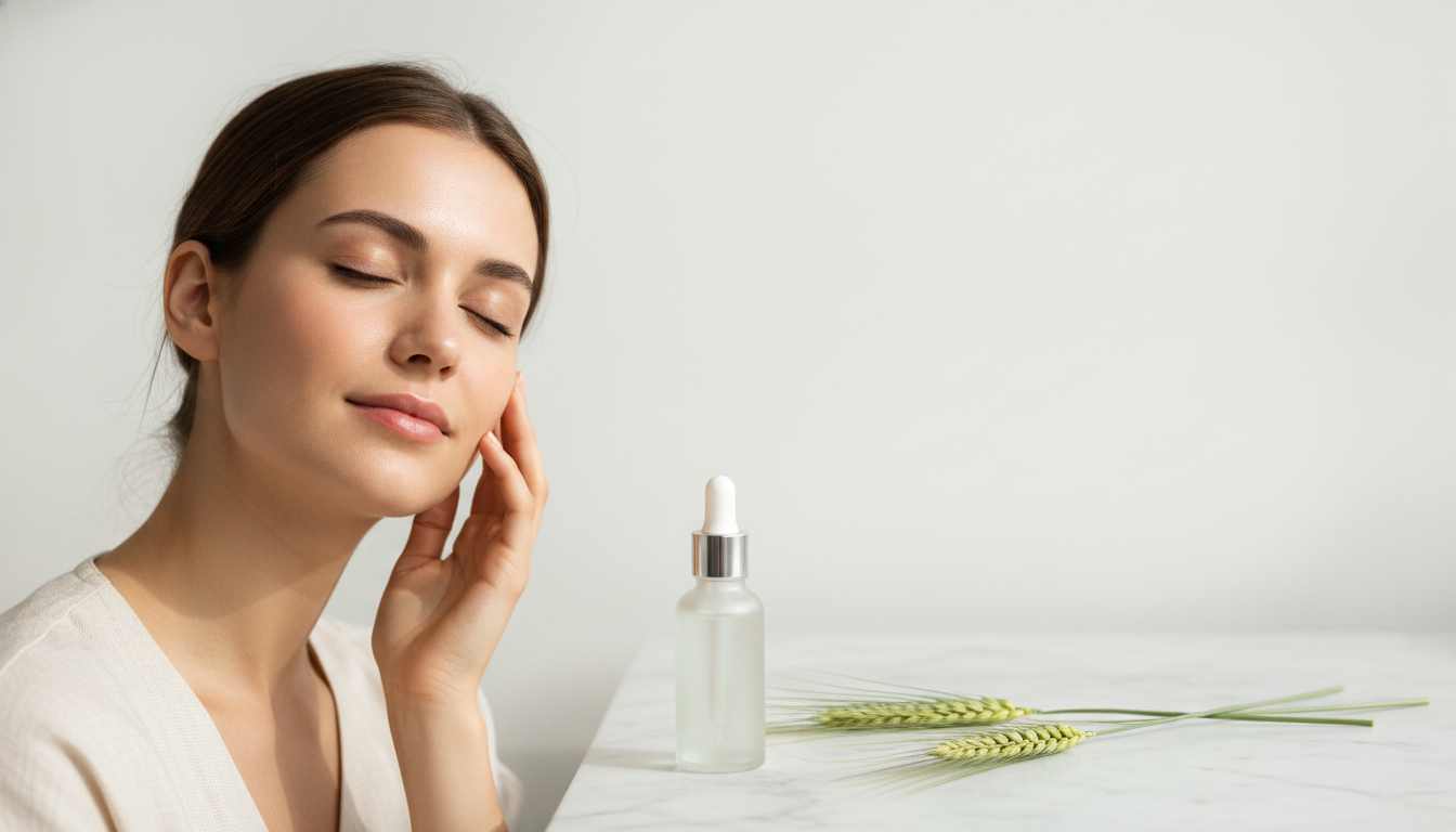 Woman applying skincare serum beside glass bottle on marble surface