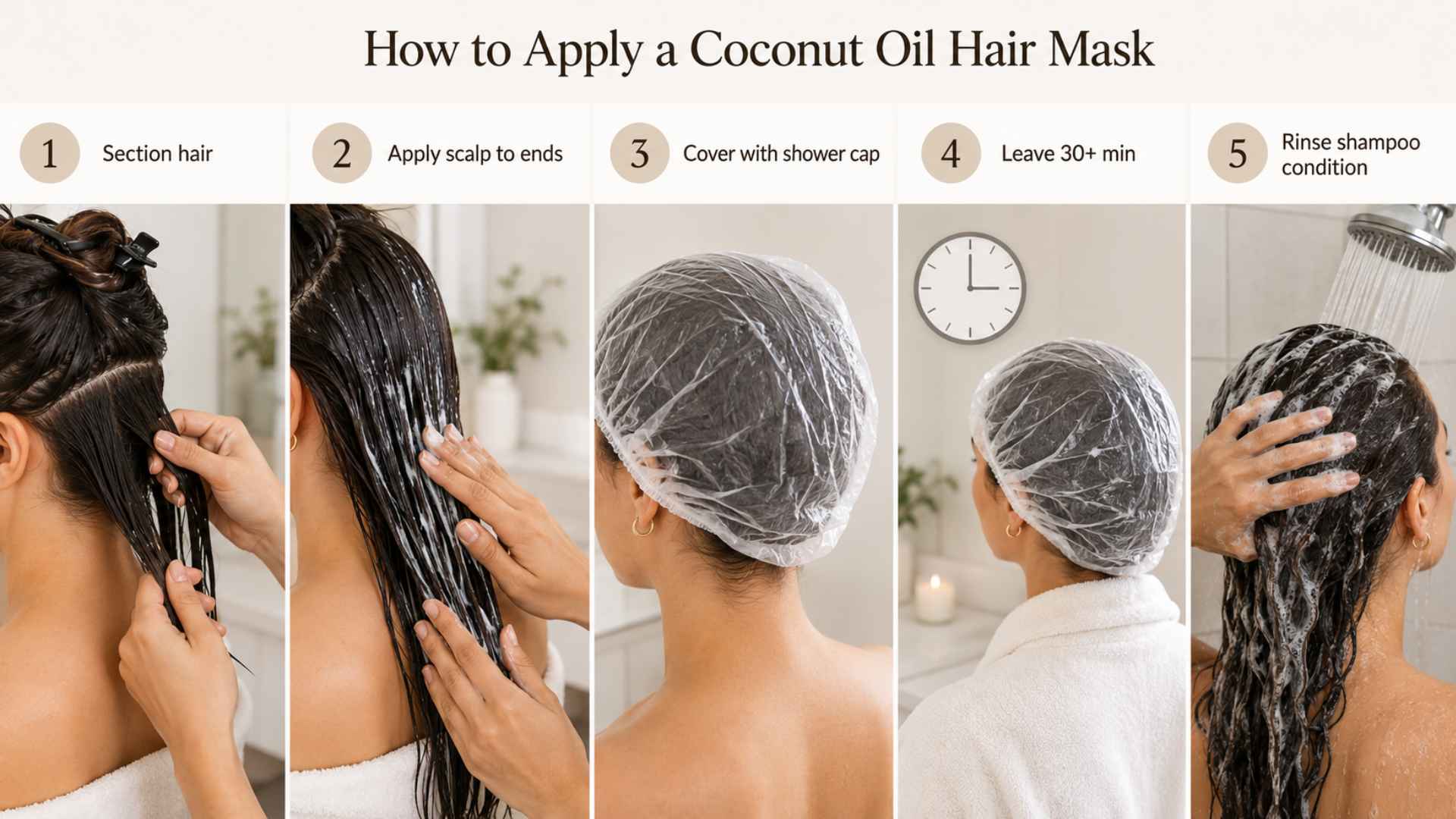 Five step infographic showing how to section hair, apply a coconut oil mask, cover, wait, rinse, shampoo and condition