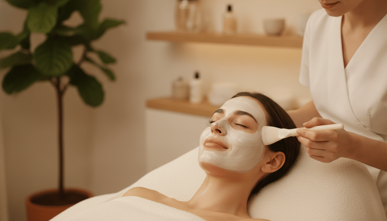 Woman receiving facial mask treatment in spa setting with potted plant in background