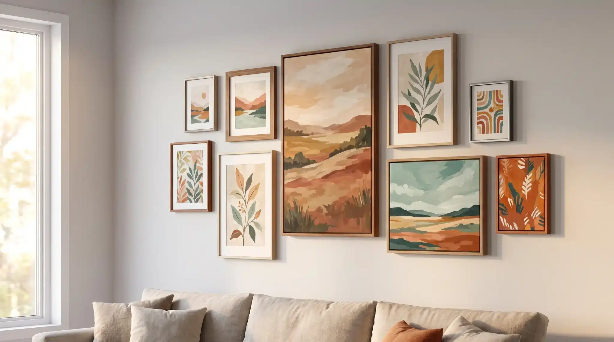 Gallery wall with colorful abstract paintings above beige sofa in bright living room
