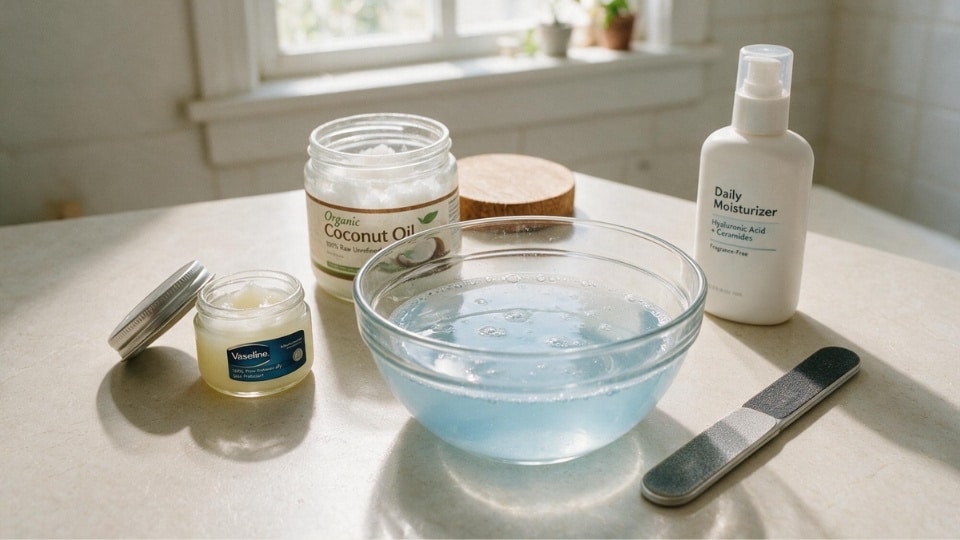 Clean nail care setup showing petroleum jelly, coconut oil, nail file and warm water soak method for glue removal