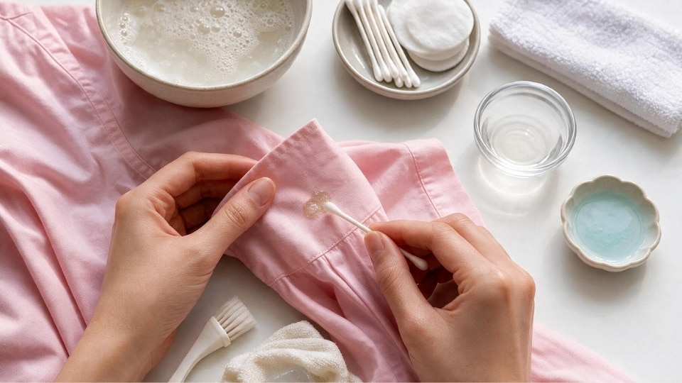 DIY clothing care scene showing nail glue stain removal from a pink shirt with cotton pads and cleaning supplies nearby