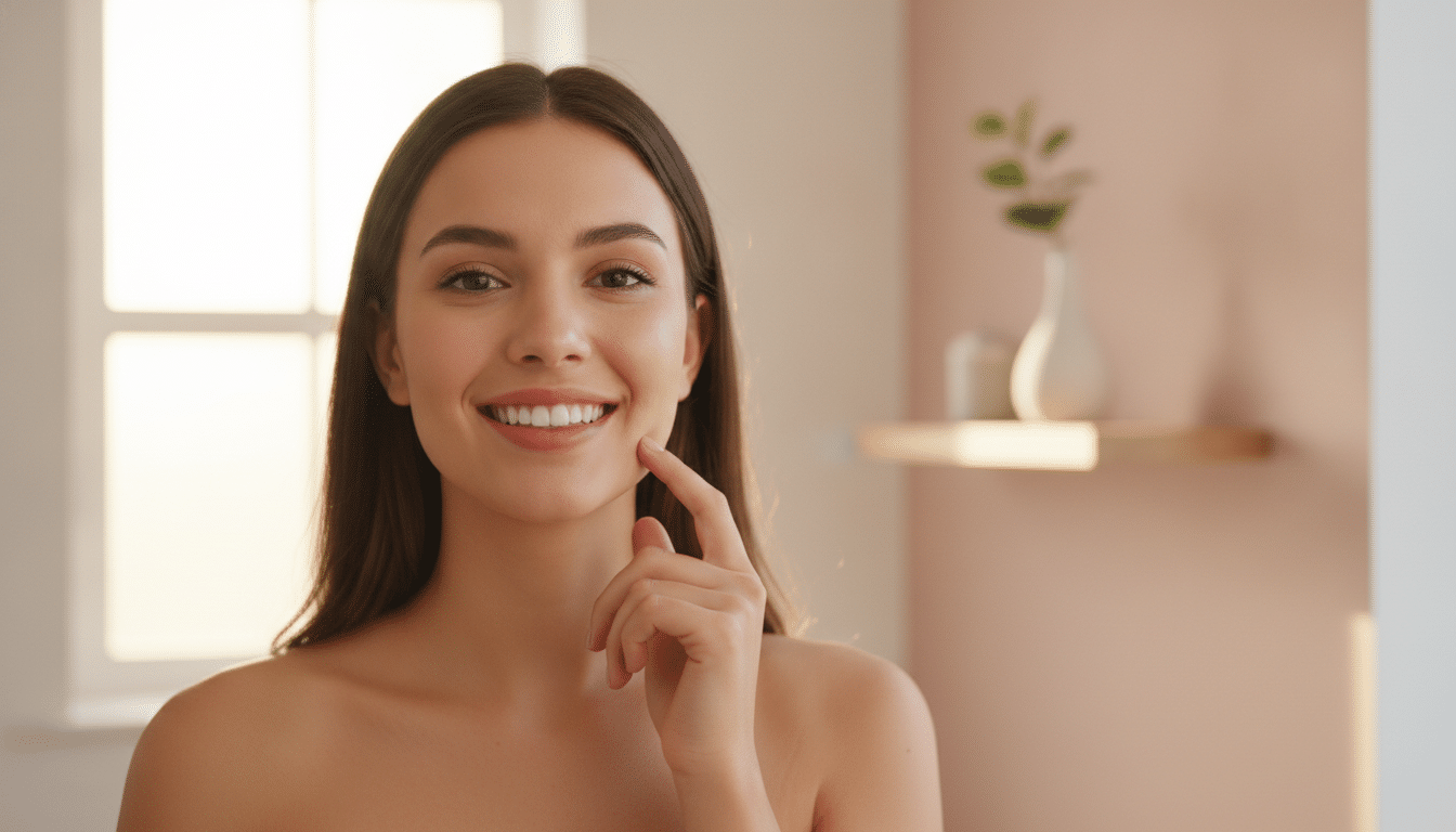 Smiling woman touching face in softly lit room with pink walls and window light