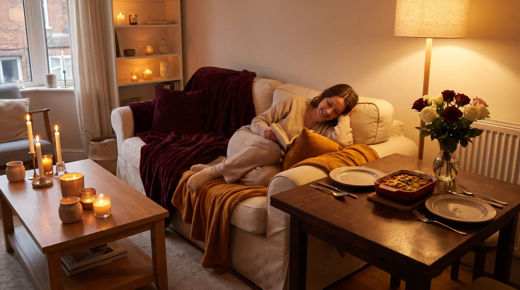 Cozy living room with woman reading on sofa, lit candles, and a dining table set for two