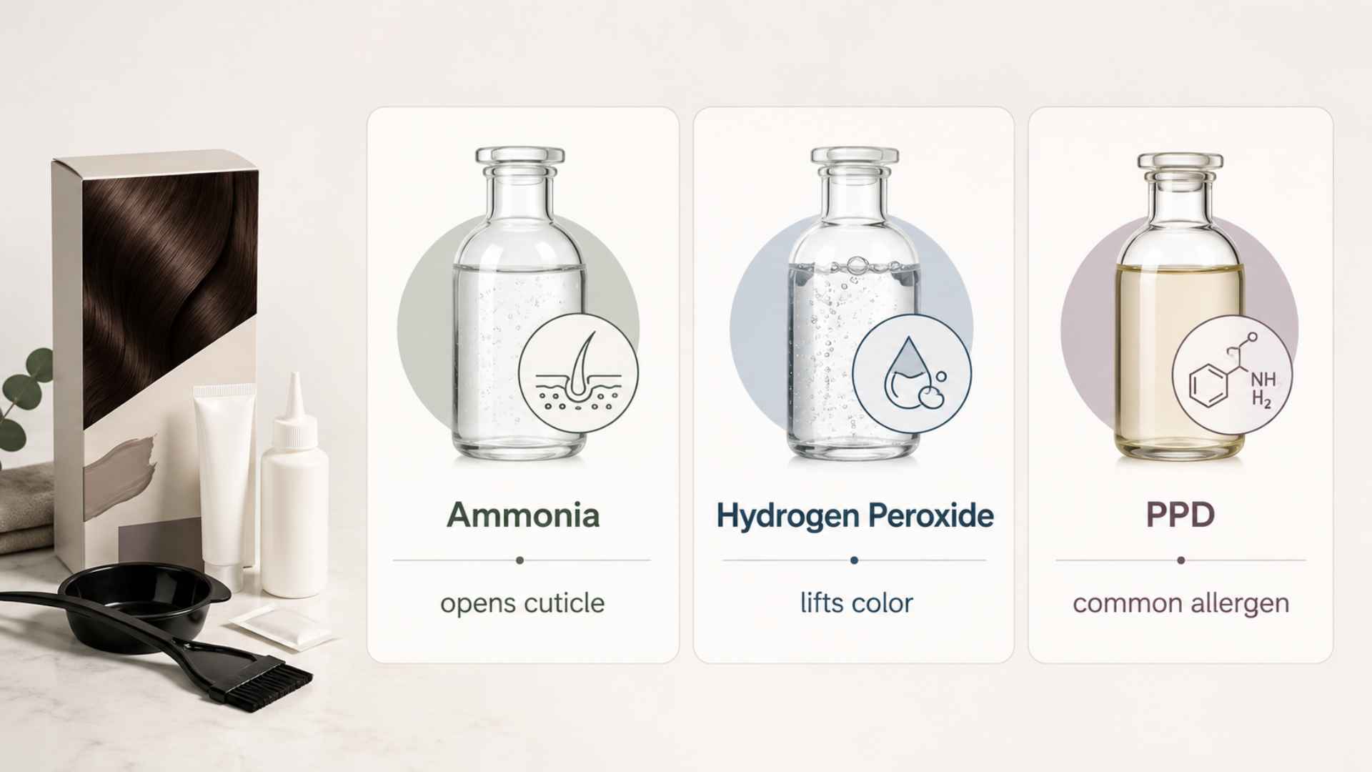 Box hair dye infographic showing ammonia, hydrogen peroxide and PPD, with simple icons and short details in clean panels