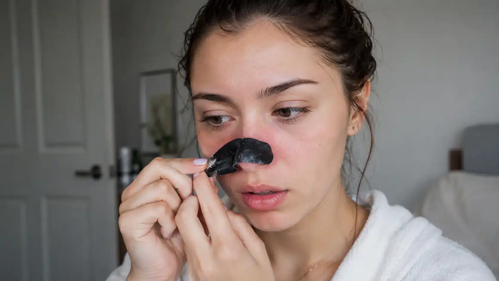 Young woman peeling off a black pore strip from her nose indoors.