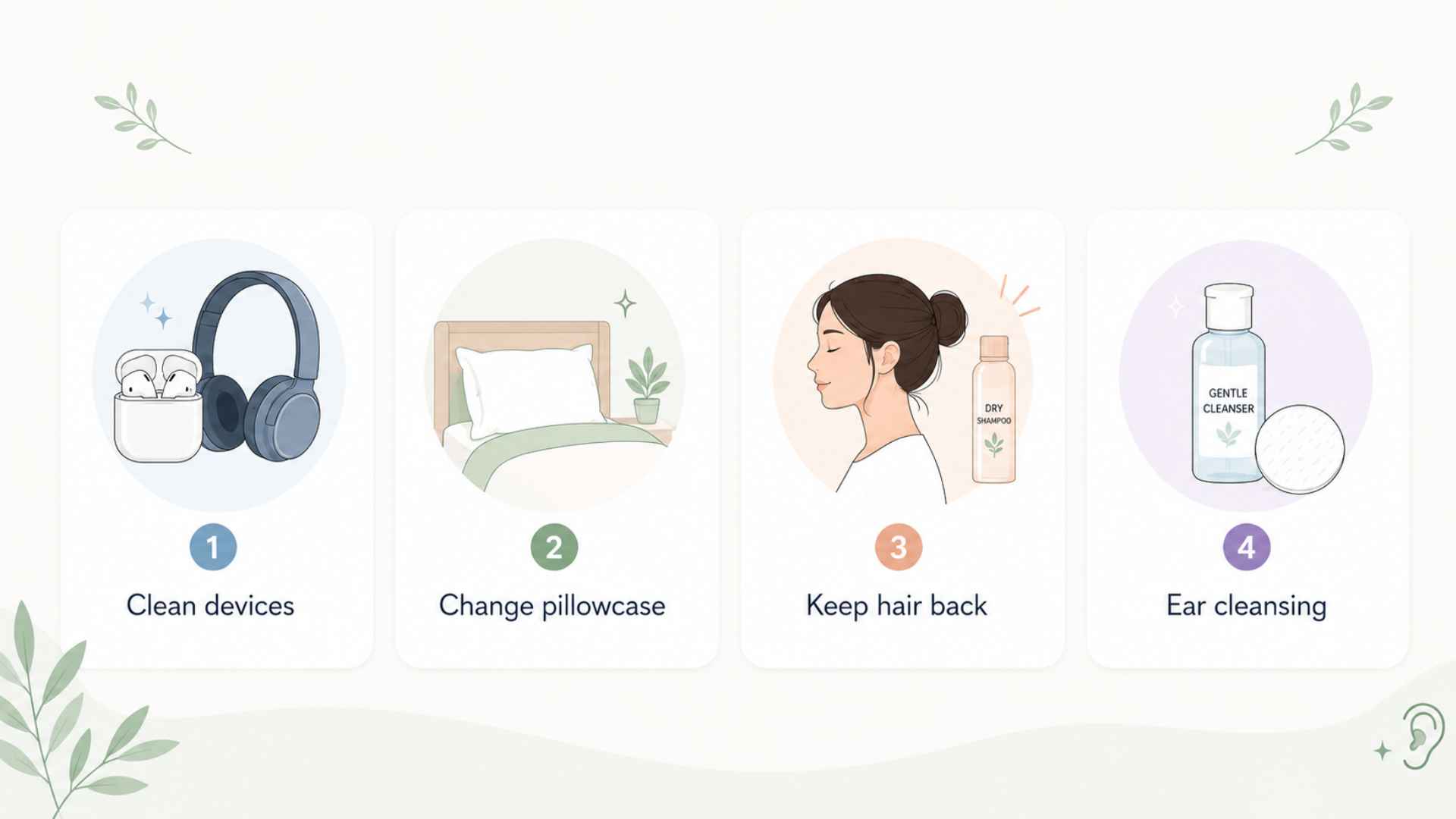 Minimal ear care infographic showing earbuds pillowcase hair care and cleanser steps with four numbered tips in pastel layout