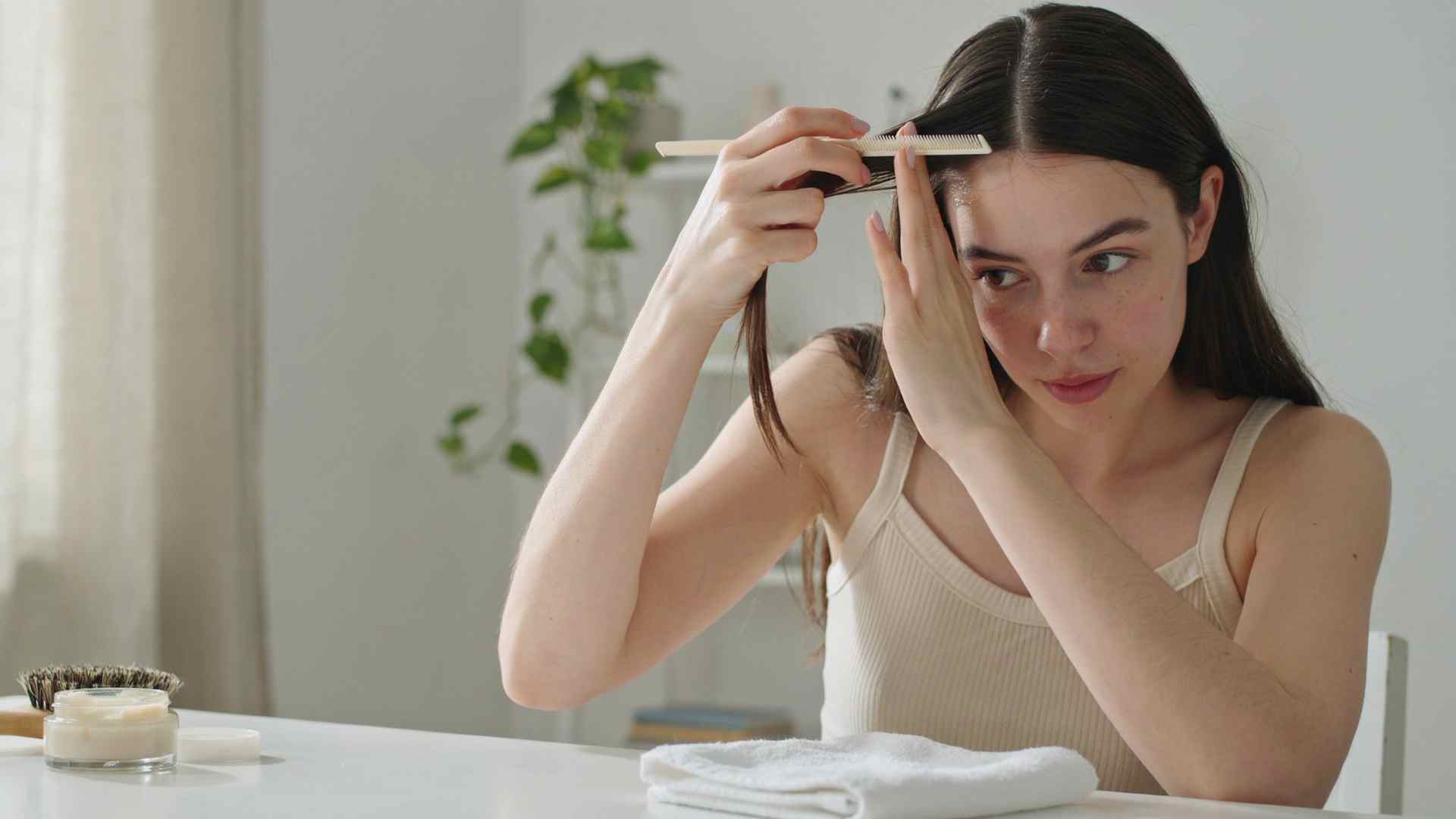 Woman applying root cover up powder step by step while sectioning hair near the part line at home