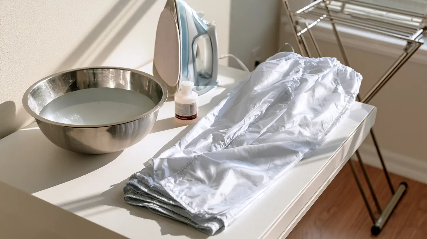 Parachute pants laid beside cold water, a pressing cloth, stain treatment, and drying rack for proper everyday care