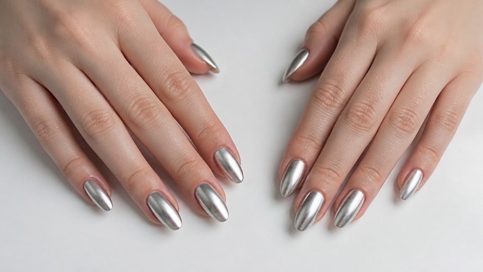 Hands featuring icy silver nails with a reflective metallic finish and cool winter manicure look