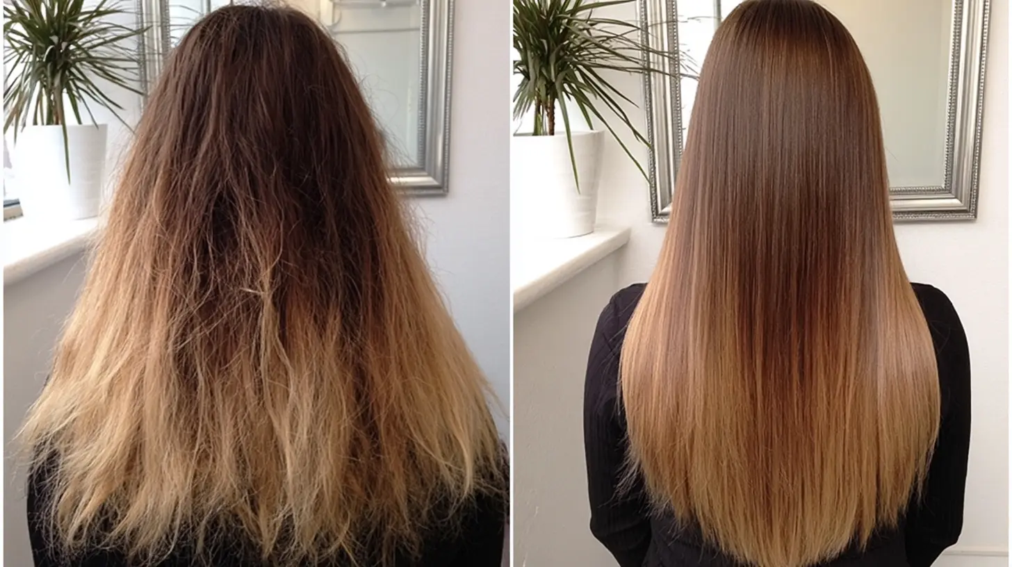 Before and after hair smoothing treatment on long balayage hair.