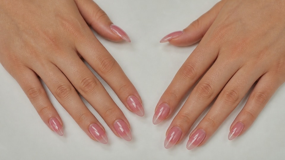 Close up hands with translucent jelly pink nails featuring a glass like glossy manicure finish