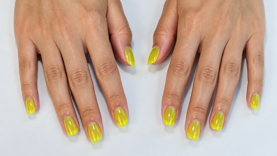 Translucent neon yellow jelly nails with a glass effect and bright summer manicure style