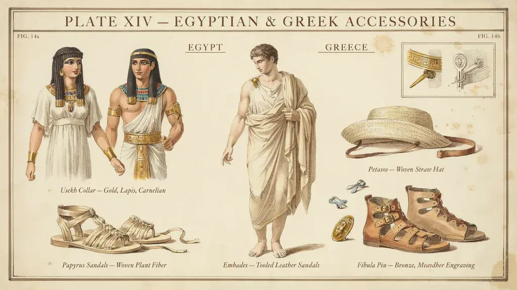 Ancient Egyptian and Greek accessories illustration showing jewelry wigs sandals hats and traditional clothing details