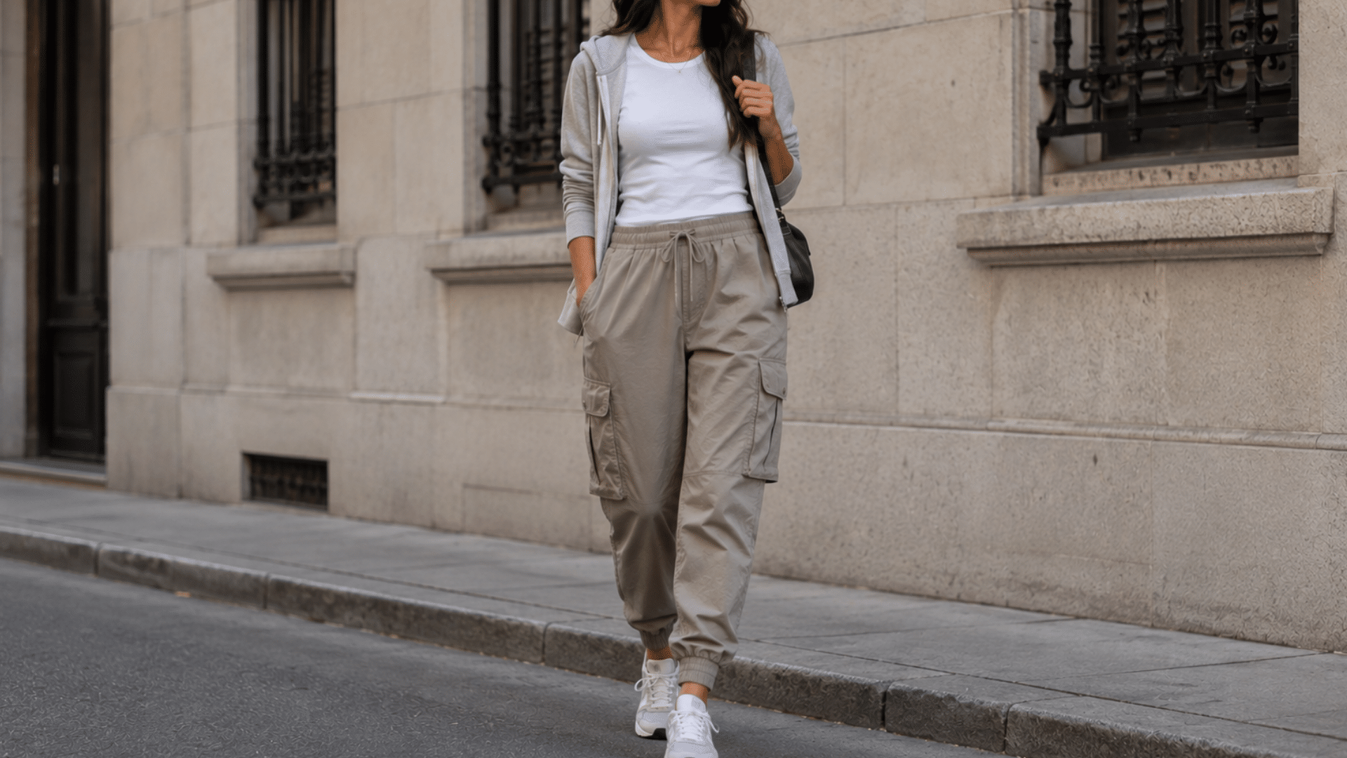 Jogger cargos with a fitted tee and sneakers for a casual sporty outfit that works well for errands and travel days